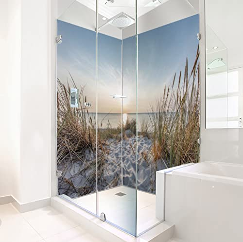 ORIGINAL PlateART Eck-Duschrückwand, 2 Platten à 90x200 cm, Wandverkleidung, Wandbild, Rückwand Alu-Dibond OHNE FUGEN, Fliesenersatz, Düne Sand Strand Sonnenuntergang - Made in Germany