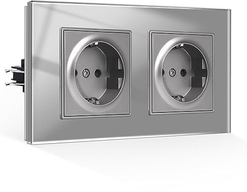 CNBINGO Enchufe doble empotrado con garras, enchufe Schuko, cristal templado, color gris, enchufe de pared, 2 enchufes, 16 A, 250 V