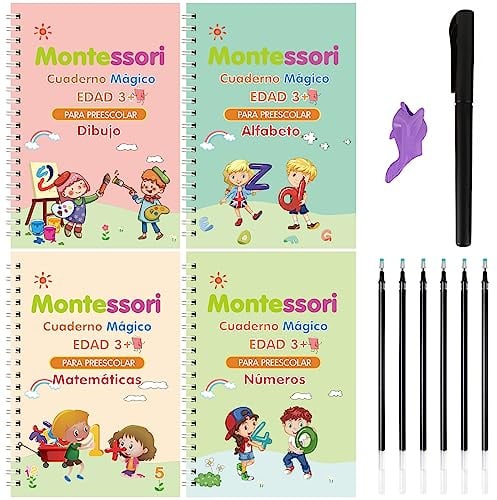 Larcenciel Cuadernos Reutilizables Caligrafia Español, 4 Libros + 1 Bolígrafo + 5 Recambio, Magic Book para Aprender a Escribir Leer de Niños 3 4 5 Años (13×19cm)