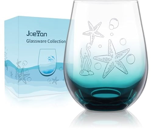 Joeyan Red White Wine Glasses Gift Set, Ocean Animal Themed Blue Stemless Wine Glasses with Starfish, Romantic Glassware Gifts for Sea Lovers Anniversary Birthday Housewarming