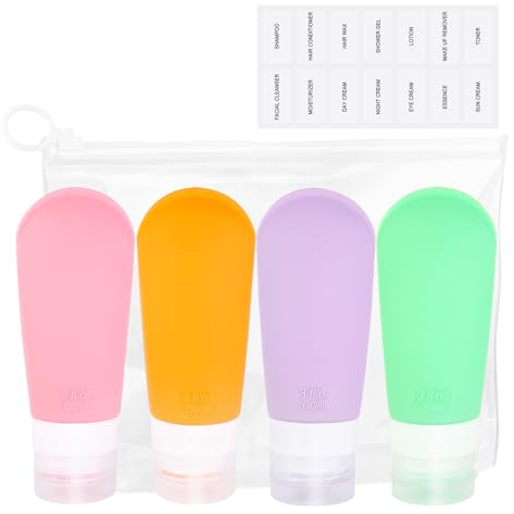 AiQInu Flacon Voyage Silicone 90ml, 4 Pièces Étanches Bouteille Vide Flacon Voyage Avion pour Huile Solaire, Shampooing, Lotion, Gel Douche Crème,Sans BPA