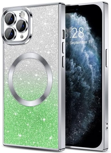 Hython for iPhone 11 Pro Max Case Clear Magnetic Glitter Phone Cases [Compatible with MagSafe] Full Camera Lens Protector Gradient Sparkle Luxury Plating Shockproof Protective Cover, Straight/Silver