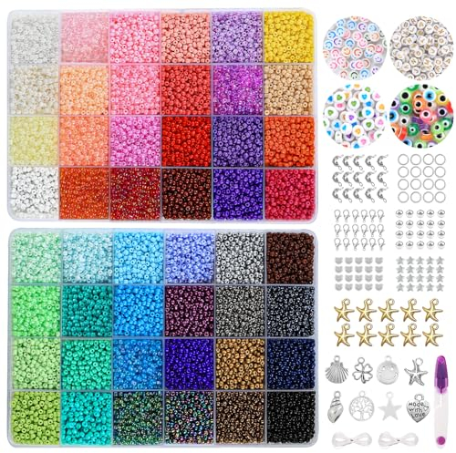 DIYDEC 18000 Stück Perlen für Armbänder, 48 Bunte Rocailles Set Mini Perlen zum Auffädeln Mit Buchstaben für Schmuckherstellung DIY Halsketten Handwerk