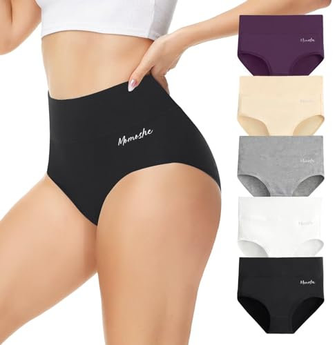 Momoshe Bragas Mujer Algodon Cintura Alta Pack de 5 Braguita de Talle Alto Culotte Cómodo Talla Ropa Interior Negro Blanco Gris Beige Púrpura XL