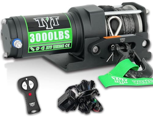 TYT ATV-Winde, 12 V Gleichstrom, elektrische Seilwinde mit kabelloser Fernbedienung und kabelgebundenem Schalter, 1,3 x 9,2 m, synthetisches Seilwinde mit Fairlead und Seilwinde Montageplatte