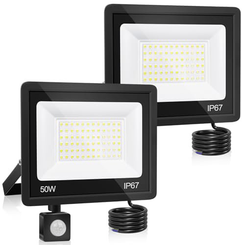 YZYFACAI 50W Projecteur LED Extérieur Detecteur de Mouvement 2Pcs,IP67 Imperméable lumière de Sécurité,7000K Blanc Froid,Superlumineux Spot LED Extérieur 5000LM,pour Jardin,Patio,Cour,Garage