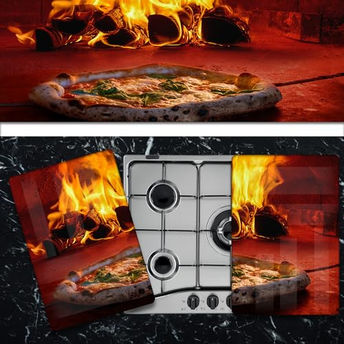Pannello Copri Piano Cottura Induzione Fornelli Piastra Tagliere | Pizza con Fuoco | 52x75 cm | per 5 Fuochi | da Cucina | in Vetro Temprato | 2 Pezzi