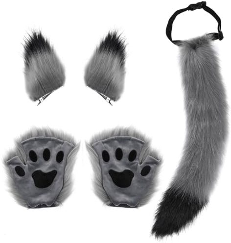 keland Katzenohren Plüsch Pfoten Handschuhe Wolf Schwanz Halloween Cosplay Kostüm Zubehör (Grau)
