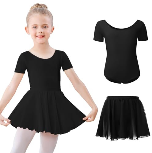 Kefiyis Ballettkleidung Mädchen Kurzarm Ballettkleid Baumwolle Balletttrikot Kinder Ballettanzug Ballettbody mit Chiffon Rock Tütü 3-11Jahre Schwarz 150