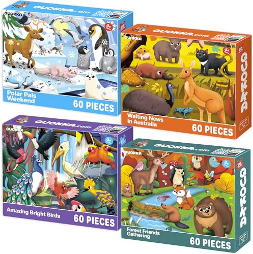 QUOKKA Puzzle ab 4 5 6 Jahre - 4x60 Teile Rahmenpuzzle Spiele für Jungen und Mädchen - Vertikale Bunte Puzzle mit Vögel, Polar, Waldtiere - Geschenk Spielzeug für Kinder 3 7 Jahre