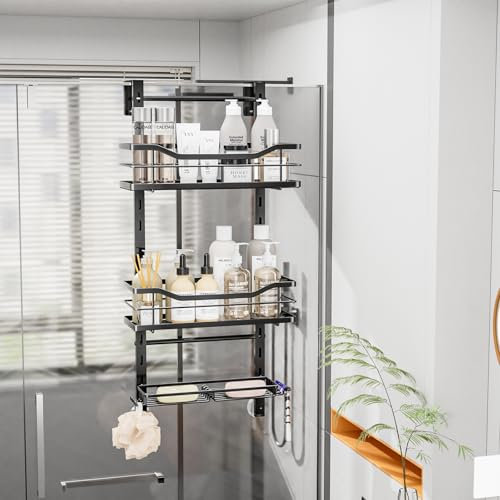 SWTYMIKI Over the Door Shower Caddy - 3 Tier Adjustable Shower Organizer Hanging with Hooks and Soap Holder, No Drilling Rust Proof Bathroom Hanging Caddy for Body Wash, Shampoo, Soap, Razor, Black