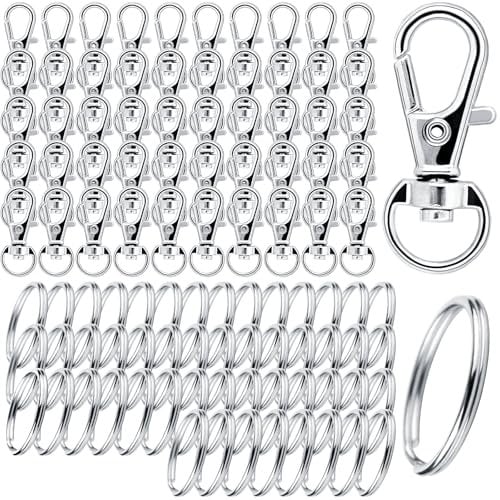 100 Pezzi Moschettone Portachiavi Metallo Moschettoni Piccoli Multiuso(50 Anelli Portachiavi e 50 Moschettone Girevole) Ganci per Portachiavi Kit Accessori Gancetti fai da te per Bigiotteria (Argento)