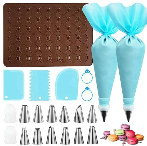 MisFun Macarons Backmatte Set, 48 Mulden Silikon Backmatte Macaron mit 2 Spritzbeutel und 12 Spritztüllen, Macarons Silikonmatte Macarons Backset, Rechteckig Backmatte für Macarons Aus Silikon