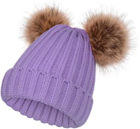 SERENYOU Kinder Wintermütze Mütze Double Pom Pom Kleinkind Jungen Mädchen warm gestrickt Bommelmütze Violett