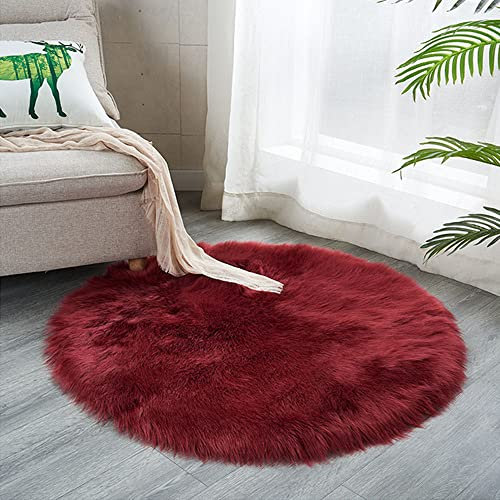 Kunstfell-Teppich, weich, flauschig, einzelner Schaffell-Stil, Kunstfleece, Stuhlbezug, Sitzpolster, weicher zotteliger Teppich für Schlafzimmer, Sofa, Boden, 60 cm, rund, Rot