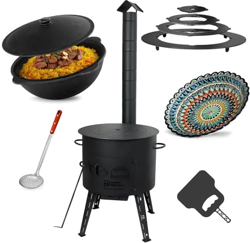 4BIG.fun Utschak Ø44 Uchag 16L Kazan Wok Grillfächer Schaumkelle Eintopfofen Utschag Учаг Campingofen Orientalischer Teller ляган Adapter-Ringe Kaзan Herdplate Feuerstelle Feldküche Außenküche Grill