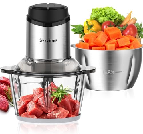 Sovyime Food Processor with 2 Bowls (2L+2L), Mini Chopper Electric Food Chopper, 2 Bi-Level Blades Mini Food Processors Meat Grinder for Kitchen Meat, Vegetables, Onions,Nuts,Fruit, Baby Food, 2 Speed