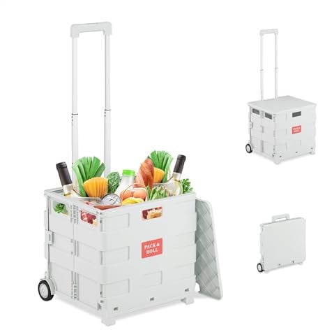 Relaxdays Einkaufstrolley, klappbar, Einkaufskorb mit Rollen, mit Deckel & Teleskopgriff, bis 35 kg, Rollkiste, weiß