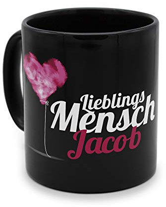 printplanet - Tasse Schwarz mit Namen Jacob - Motiv: Lieblings Mensch - Namenstasse, Kaffeebecher, Mug, Becher, Kaffeetasse