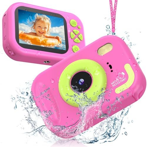 Kids Camera Waterproof, IP67 Underwater Camera for Kids Aged 3-12, HD Kids Digital Camera with 1080P Video Recording, Durable ABS Material, Pool Toys for Boys Girls with 32GB Card (Pink)