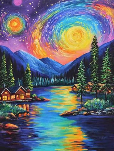 Diamond Painting Erwachsene Kinder Diamant Painting Bilder Lake 5D Diamond Painting Set DIY Daiments Painting Basteln Erwachsene Diamond Painting Runde Steine Mosaikherstellung für deko 80x100cm 1-223