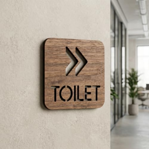 Panneau de direction de toilettes en bois - 14,5 x 14,5 cm - Noyer - Plaque moderne avec flèches droites