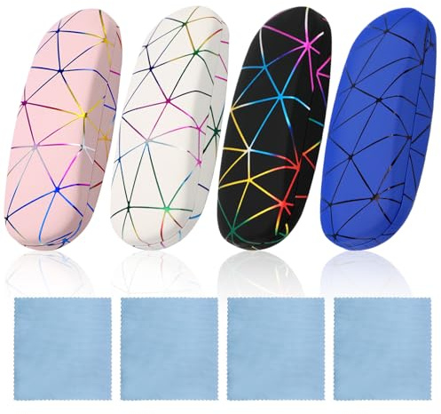 VEGCOO 4 Pcs Glasses Cases, Hard Shell Glasses Case Spectacle Case Eyeglasses Case with 4 Microfiber Cleaning Cloths, Portable Glasses Storage Case Fits Most Glasses and Sunglasses for Men Women