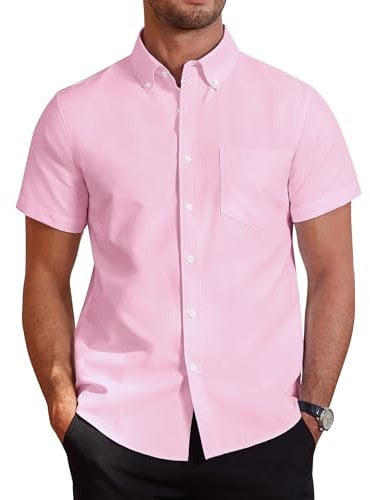 J.VER Mens Short Sleeve Shirts Smart Casual Regular Fit Non Iron Button Down Oxford Business Office Work Summer Dress Cotton Shirt Pink 2XL