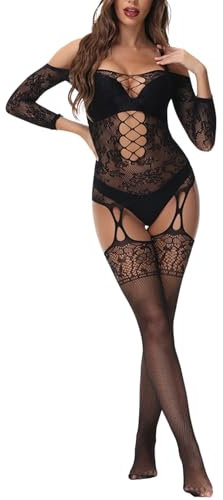 Gatamiau Women’s Off-Shoulder Bodystocking Sexy Hollow Out Tights Fishnet Bodysuit One Piece Bodycon Lingerie Strecthy Jumpsuit Underwear See Through Mesh Nightwear (Black, One Size)