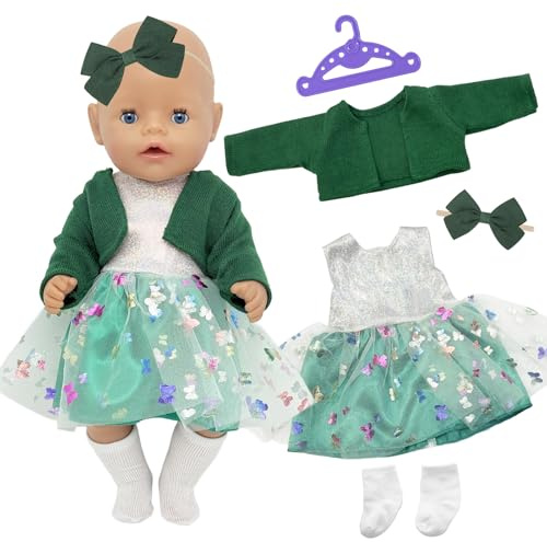 Sweet Baby Doll Clothes for 14-18Inch Baby Doll 4 Pcs Green Doll Outfits with Green Coat Tulle Skirt Hairband Socks for 43 cm Dolls, Compatible with New Born Baby 35-43cm Dolls Girls Birthday(No Doll)