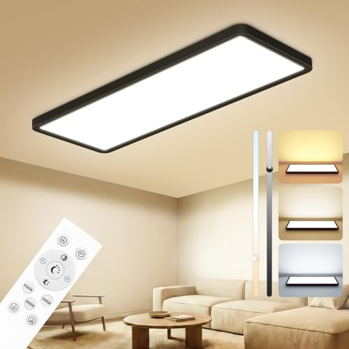 Peasur LED Deckenleuchte Flach 58x20cm 32W 3500LM, Deckenlampe Dimmbar mit Fernbedienung 3000K-6500K, IP44 Küche Schwarz Rechteckig LED Panel für Wohnzimmer Schlafzimmer Badezimmer Büro