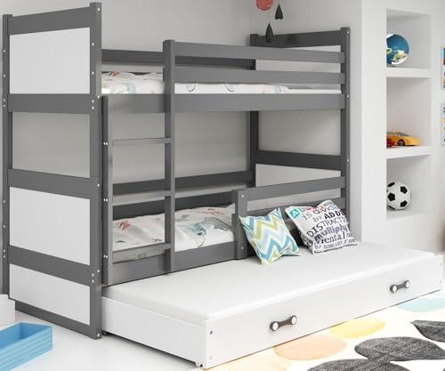 Interbeds Etagenbett für 3 Kinder Stockbett Hochbett 190x90 cm Holzbett Kiefernholz Kinderbett zusätzlicher Schlafplatz in der Schublade Jugenbett mit Lattenrost und Rausfallschutz