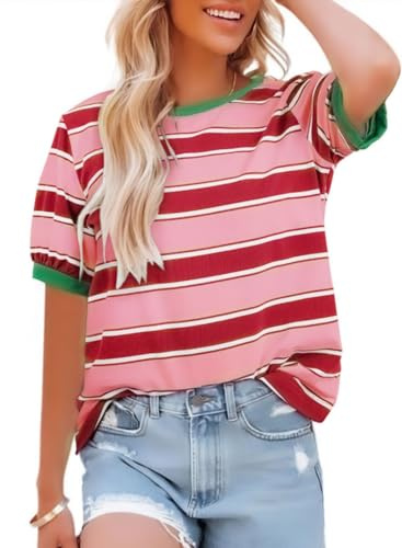 Cuptacc Tee Shirt Femme Col Rond Ample Manches Courtes T Shirt À Rayure Tunique Chic Et Elegant Haut