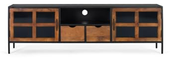 Meuble TV - Meuble TV - Décoration salon - Bois de manguier et métal - Façades encadrées de caractère industriel - Rangement audiovisuel - Naturel et noir - 56 × 180 × 40 cm