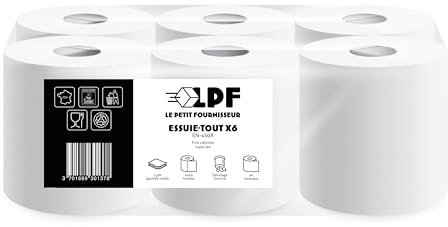 LPF LE PETIT FOURNISSEUR – Essuie-Tout Professionnel Dévidage Central – 450 Feuilles 18x18cm – Double Épaisseur Pure Ouate – Absorbant & Résistant – Contact Alimentaire – Made in France – Lot de 6
