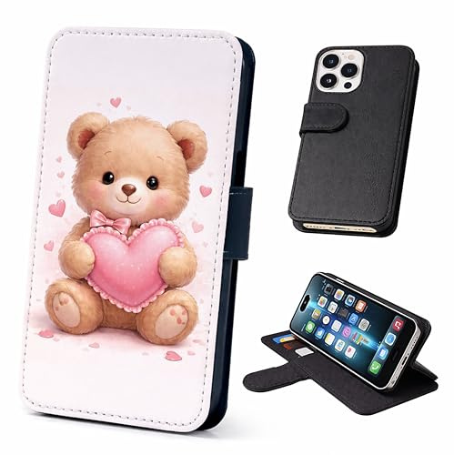 Adorable Teddy Bear Wallet Phone Case Flip Cover – Compatible with iPhone SE, 7, 8, X, XR, 11, 12, 13, 14, 15, 16 16E 17 (Plus, Mini, Pro, Max) – Faux Leather Teddy Love Hearts Valentines