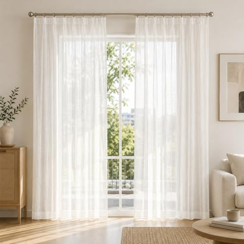 IDOL Leinenoptik Gardine Weiß mit Kräuselband Bleiband – Halbtransparenter Vorhang für Gardinenschienen Schienensysteme, Lichtdurchlässig mit Sichtschutz, für Wohnzimmer Schlafzimmer(HxB 240x200 cm)