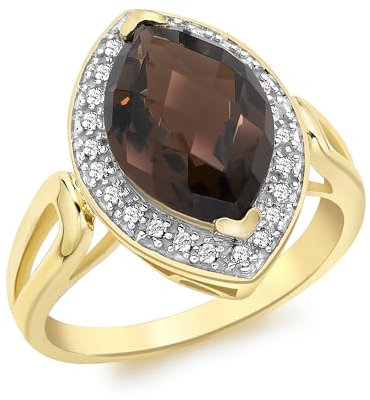 Carissima Gold 9ct Yellow Gold 0.15ct Diamond and Marquise Smoky Quartz Ring - Size L