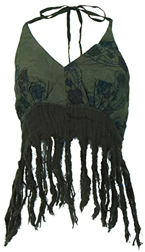 GURU SHOP Goa Top, Psytrance, Bandeau Top, Rückenfreies Fransentop - Dunkelgrün, Damen, Baumwolle