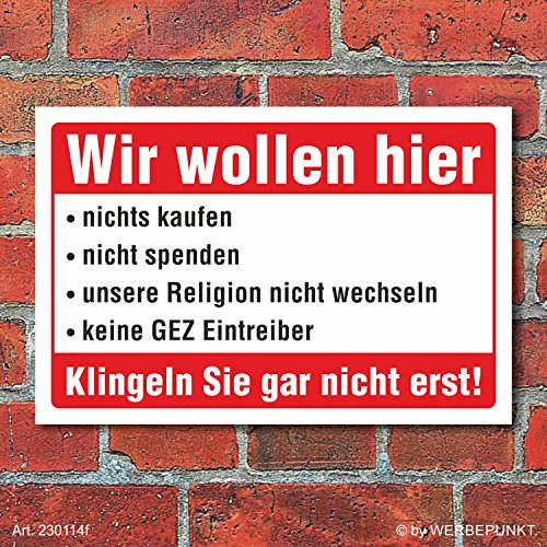 Schild Spaßschild Nichts kaufen spenden Religion wechseln GEZ 300 x 200 mm | 3 mm Alu-Verbund, wetterfester UV-Direktdruck, robust und langlebig, Made in Germany