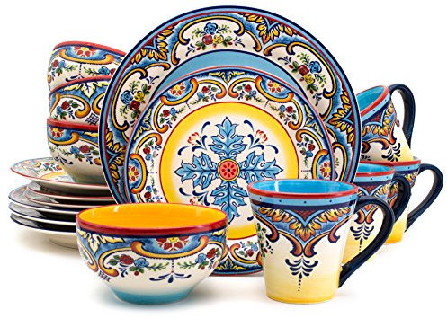 Euro Ceramica Zanzibar Collection Geschirr-Set, 16-teilig, für Küche und Esszimmer, für 4 Personen, spanisches Blumenmuster, mehrfarbig, blau und gelb