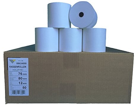 Veit GmbH Kassenrollen 50 Stck. Normalpapier 76mm x 60m x 12mm [ØRolle 80mm] Drucker schonend 60g/m² Premium Weißegrad Made in Germany