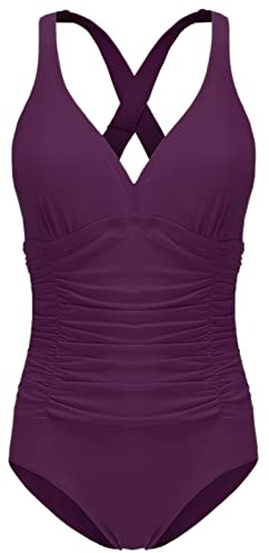 F FLYRONG Swimming Costume Women Ruched Tummy Control Swimwear V Neck One Piece Cross Strap Swimsuit