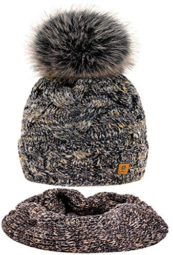 MFAZ Morefaz Ltd Set Mütze & Schal Winter Damen Alpaka Wolle Beanie Strickmütze Wurm Fleece Bommel Pom Pom (Tobacco Set Hat&Scarf)