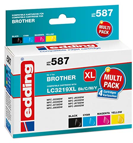 edding Druckerpatrone EDD-587 - Multipack 4 - Schwarz, Cyan, Magenta, Gelb - 1x 68 ml + 3x 17 ml - Reichweite 1x 3000 3x 1500 Seiten - Ersetzt Brother LC3219XLBK/C/M/Y
