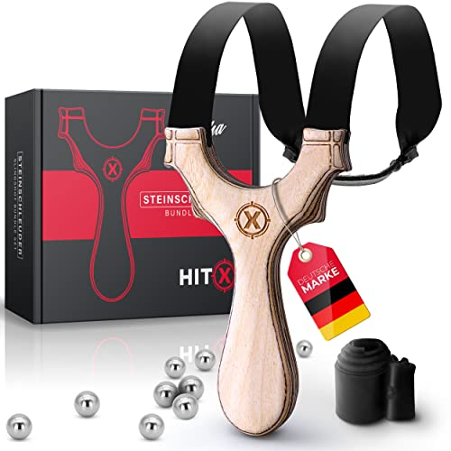 HITX® Zwille Steinschleuder Bundle Set | Slingshot Schleuder für Jede Handgröße | Katapult mit starkem Gummiband | Schleuder Zwille mit 100 Stahlkugeln und Ersatzgummiband