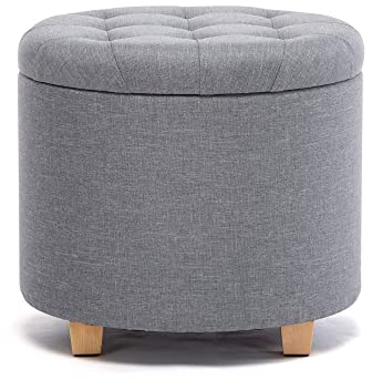 HNNHOME Aufbewahrungshocker rund gepolstert Leinen mit abnehmbarem Sitz zur Aufbewahrung Ø 45 cm Hellblau