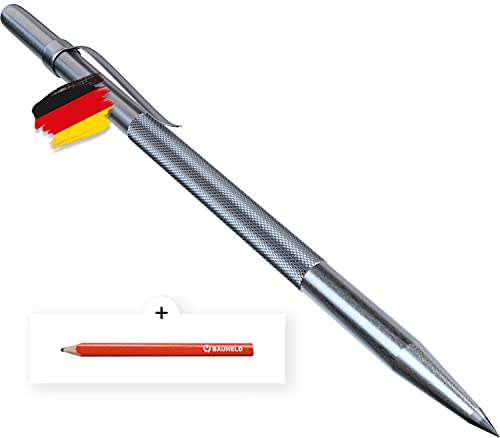 BAUHELD® Anreissnadel Metall [150mm] - Reißnadel mit eingelöteter Hartmetall-Spitze [Made in Germany] - Praktischer Befestigungsclip und Vernickelt mit Rändelung - Inkl. GRATIS Tischler-Bleistift