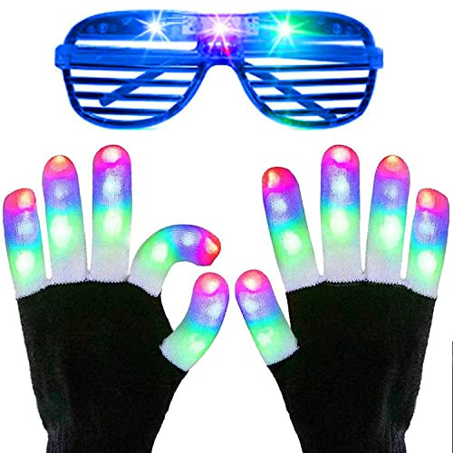 Dilabnda Flashing Finger LED Gloves Glasses for Kids, Colorful Light Up Gloves Glasses Glowing Cool Christmas Birthday Clubbing New Year Party Favor Toys Gifts for Ages 8-14 Years Old Boys Girls