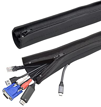 YOSH Cable Tidy Wire Sleeves with Zippers, Wire Management Sleeves Cord Organiser Wire Hider Prevent Cat-Chewing, Under Desk Cables Organizer for PC/TV/Ethernet at Home/in Office -100cm 2pcs Black